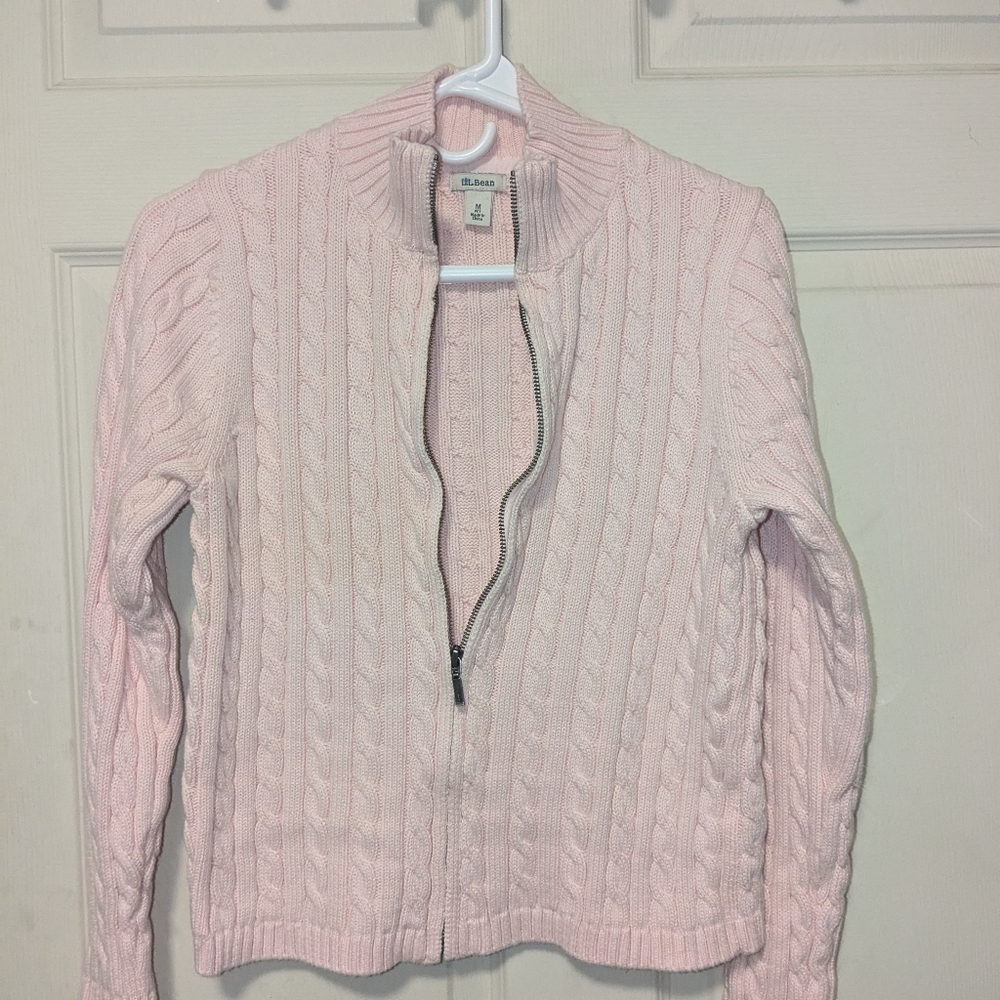 LL Bean Petite M palest pink zip cabke knit cardigan